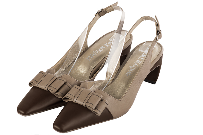 Dark brown and tan beige women's elegant sneakers. Tapered toe. Medium comma heels. Front view - Florence KOOIJMAN